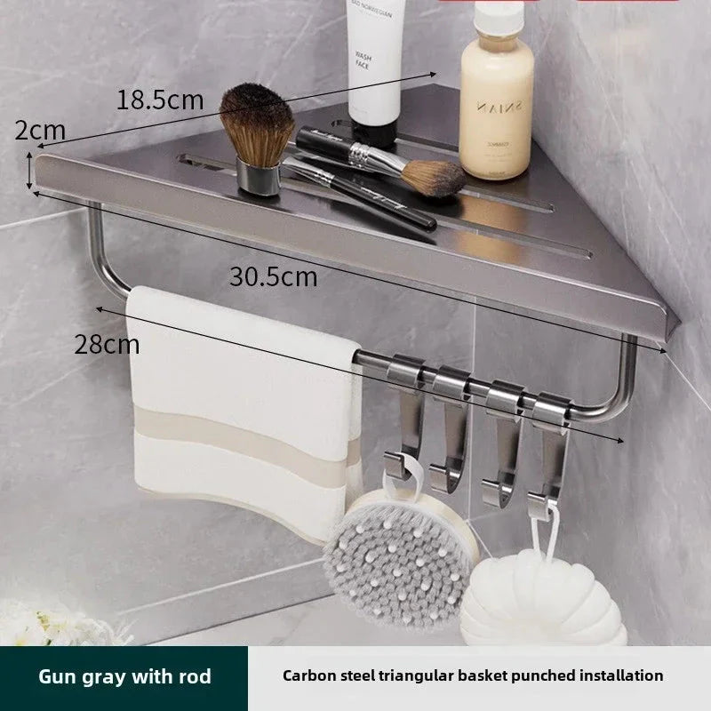 Bathroom Triangle Drain Shelf No Drilling Wall Mounted Cosmetic and Toiletries Hollow Carbon Steel Shelf with Hooks