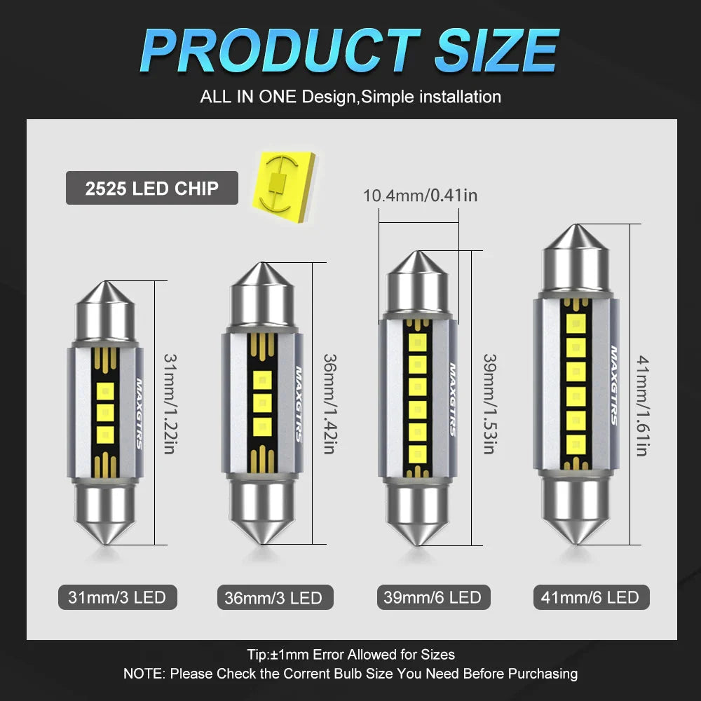 5Pcs MAXGTRS LED C5W C10W 39mm 41mm 42mm LED Festoon Canbus Error Free 6500K White Car Interior Light Reading Dome Trunk Lamp 12