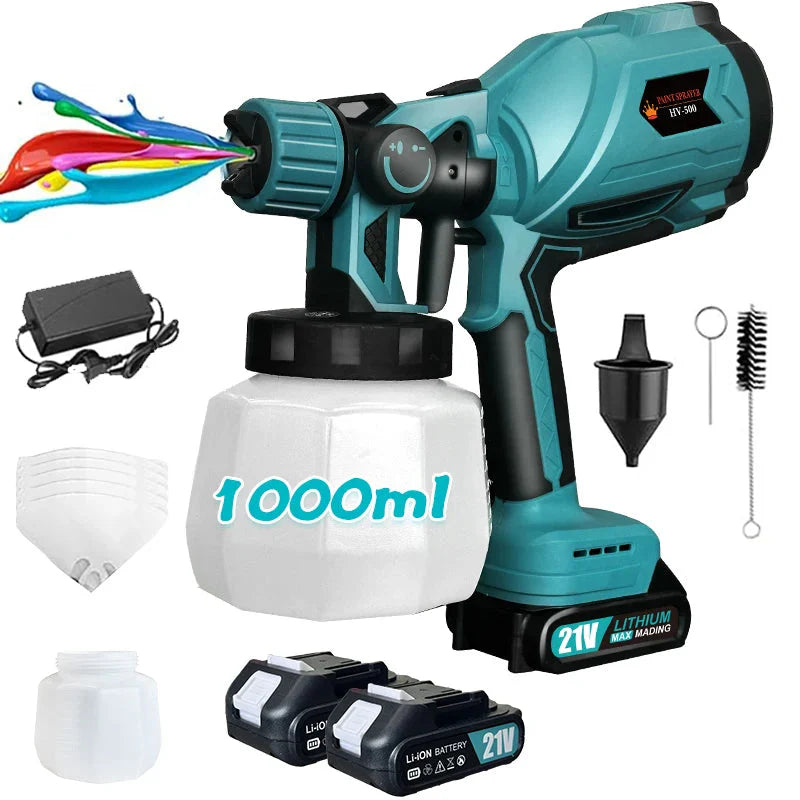 1000ML Electric Spray Gun Cordless Paint Sprayer Auto Furniture Steel Coating Airbrush Compatible For 21V Battery
