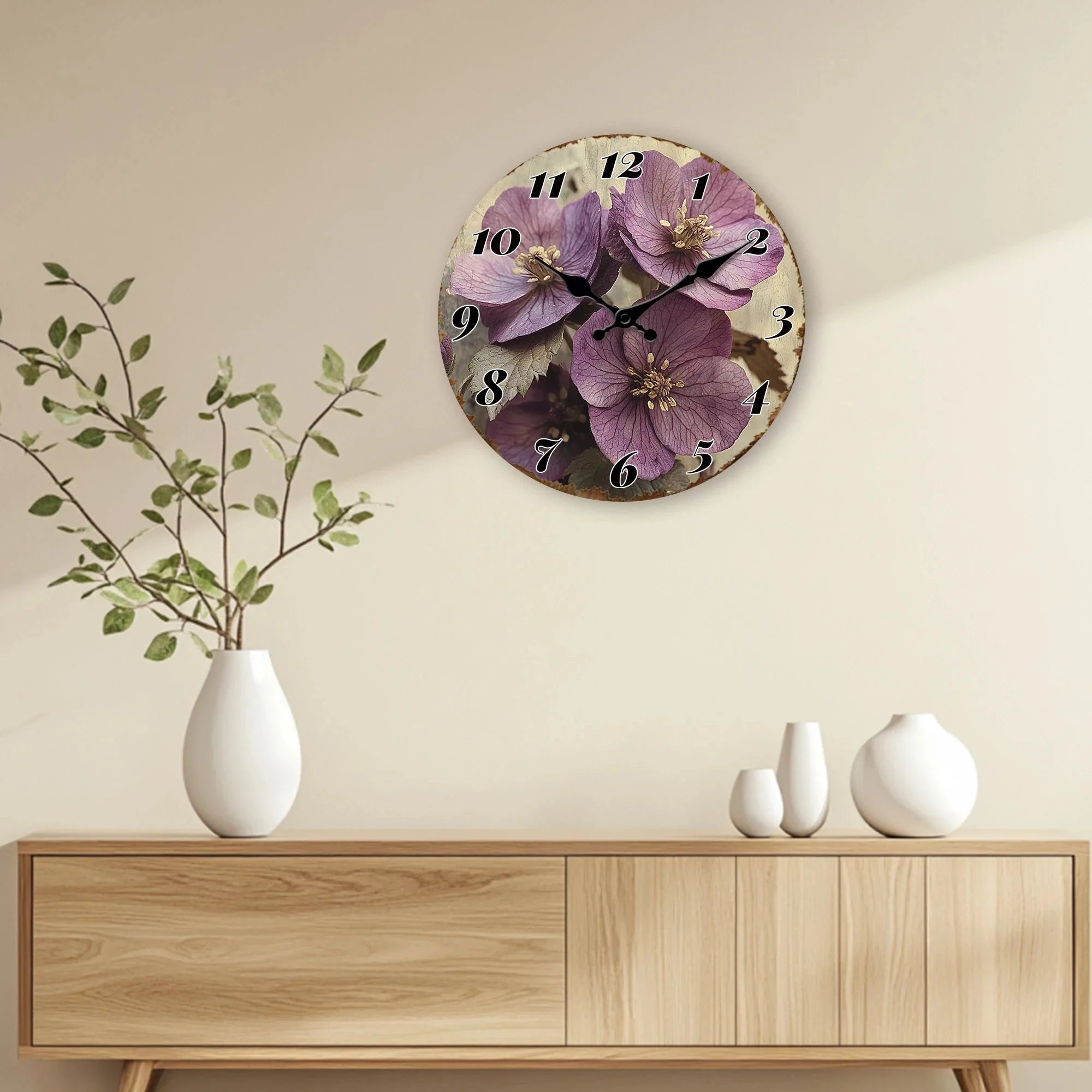 Purple Flower Blossom Floral Art Design Rustic Charm Decorative Clock 10"-16"