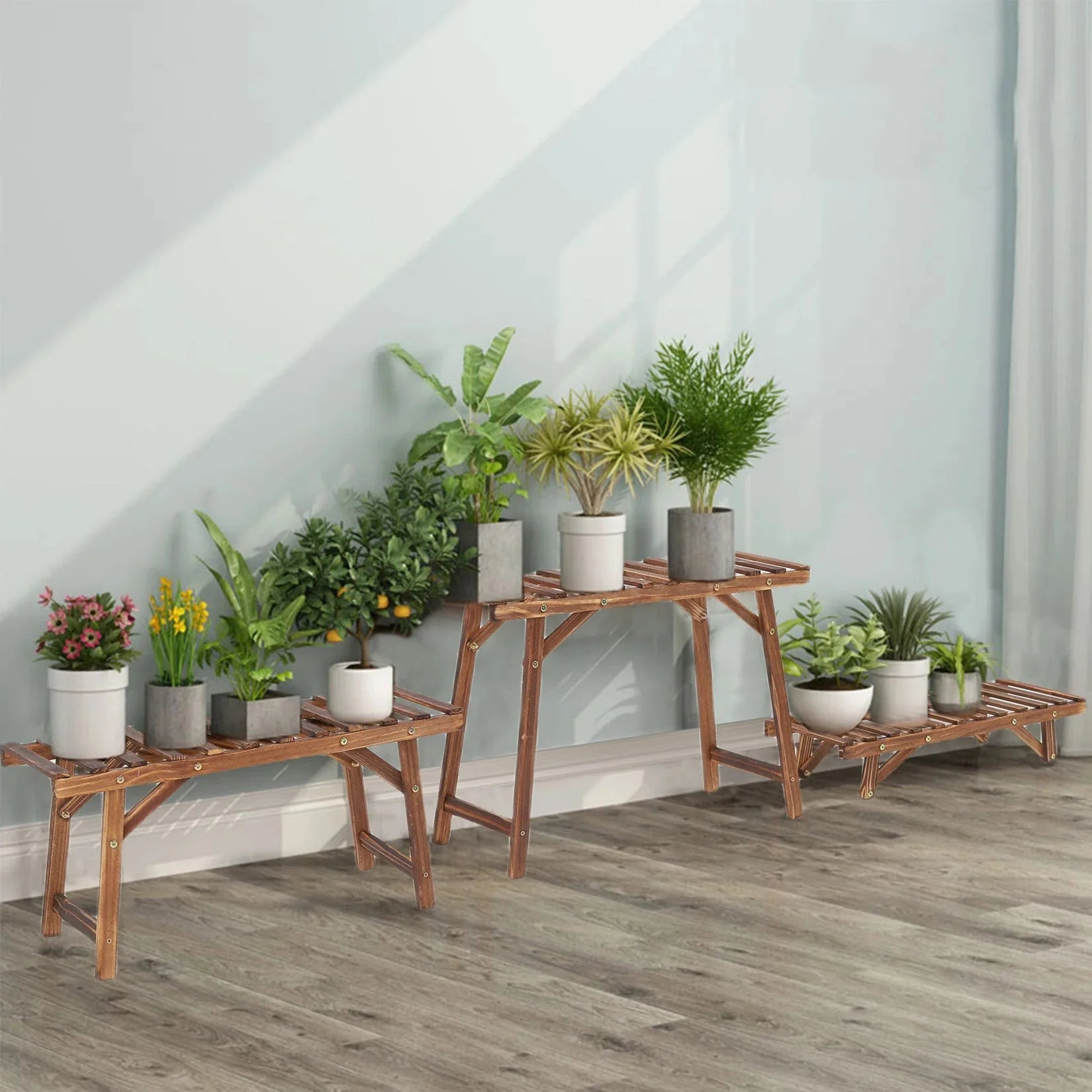 3 Tier Wood Ladder Shelf Corner Plant Stand Indoor Outdoor Flower Pot Rack