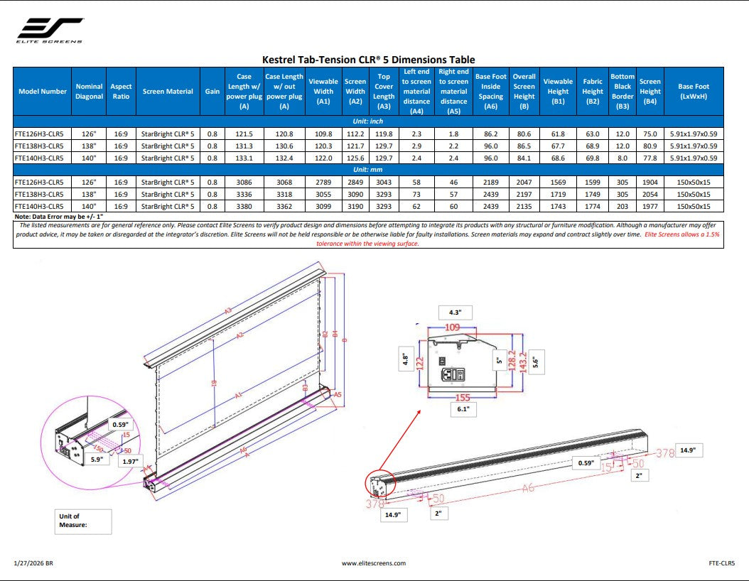 Elite Screens Kestrel Tab-Tension CLR® 5 Series Projector Screen