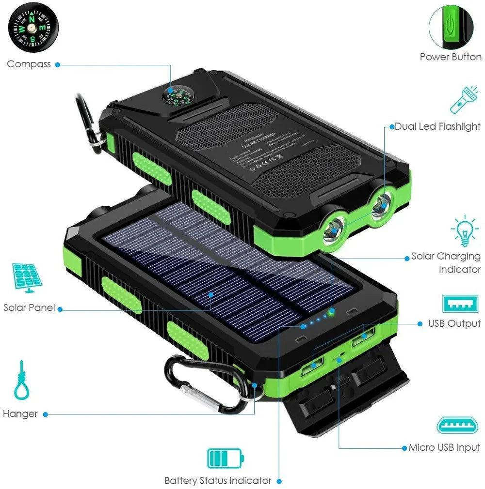 Solar Power Bank 10000mAh Portable Charging Poverbank External Battery Charger Strong Light LDE Light for All Smartphones