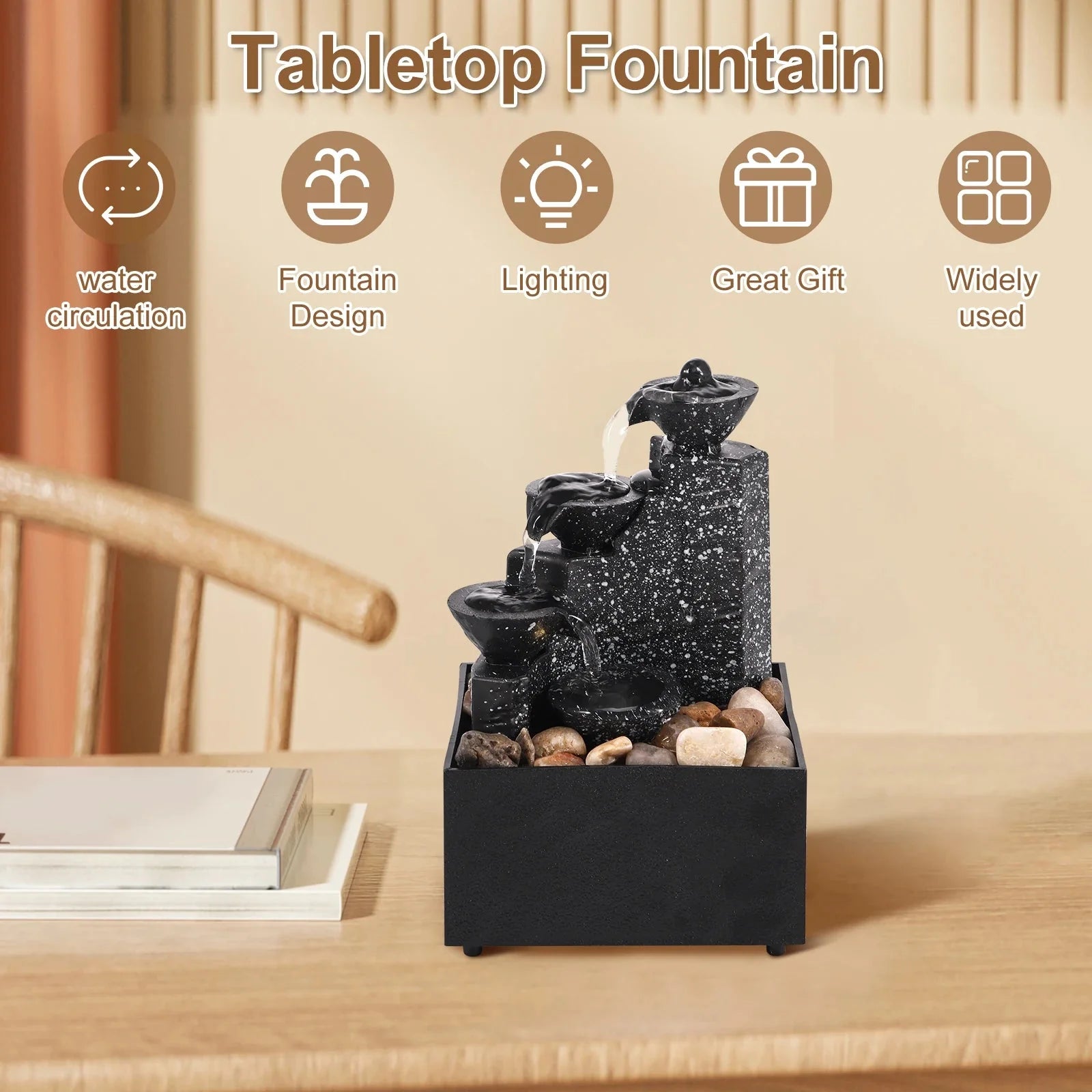 Desktop Art Waterfall Fountain with LED Light, Small Indoor Zen Ornament for Home Living Room Bedroom Office Decor