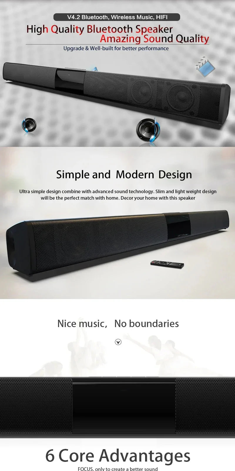 40W Soundbar TV Portable Bluetooth-compatible Speaker Sound bar Wireless Column Home Theater Sound System RCA AUX For TV PC