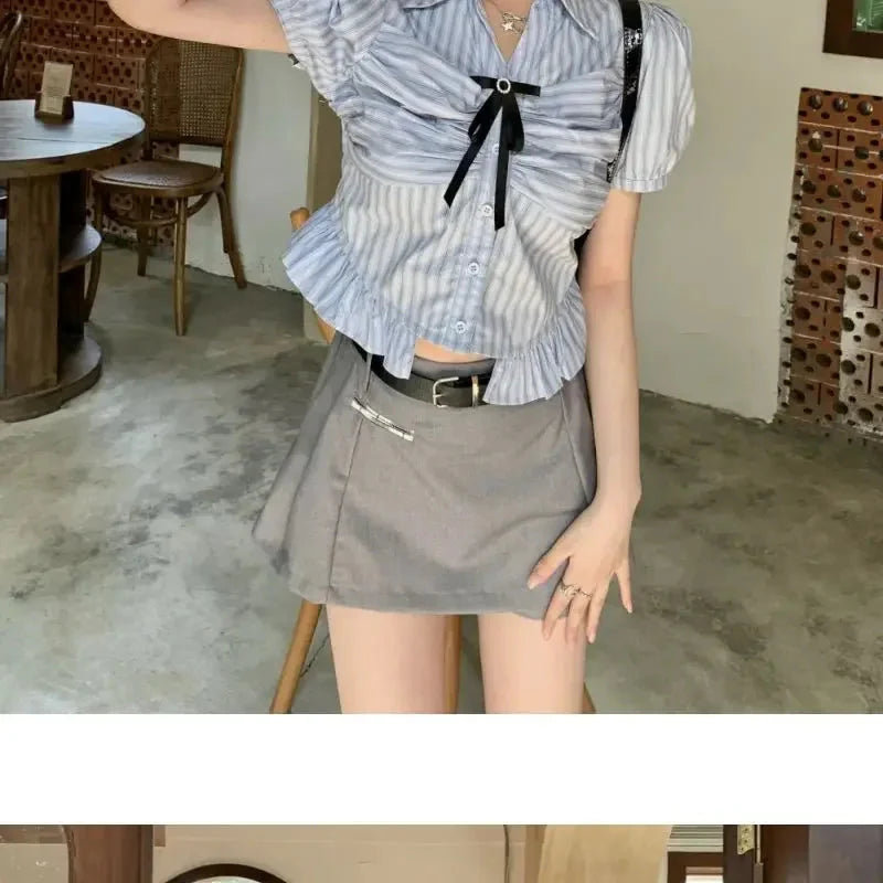 Bow-rinked Striped Shirt for Women Summer French Sweet and Spicy Puff Sleeve Shirt Short Short Sleeve Top