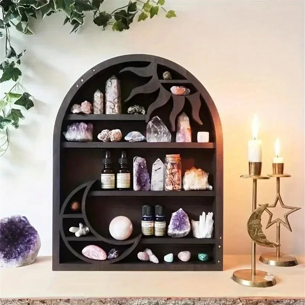 Wood Storage Shelf - Stylish and Practical Wall Shelf, Crescent Sun and Moon Crystal Shelf
