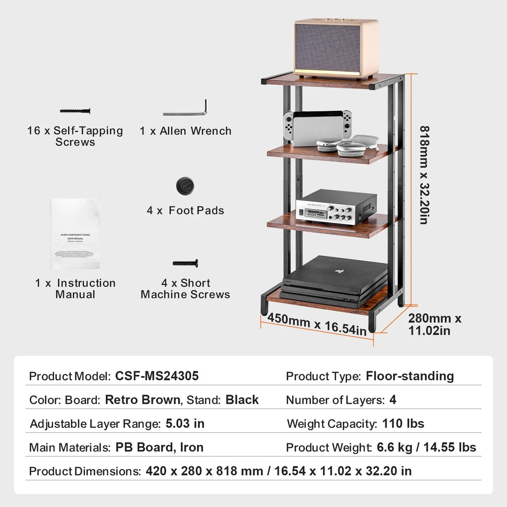 SucceBuy 4-Tier AV Media Stand Audio/Video Stand with Strengthen Tempered Glass Shevles for DVD Adjustable Media Storage Cabinet