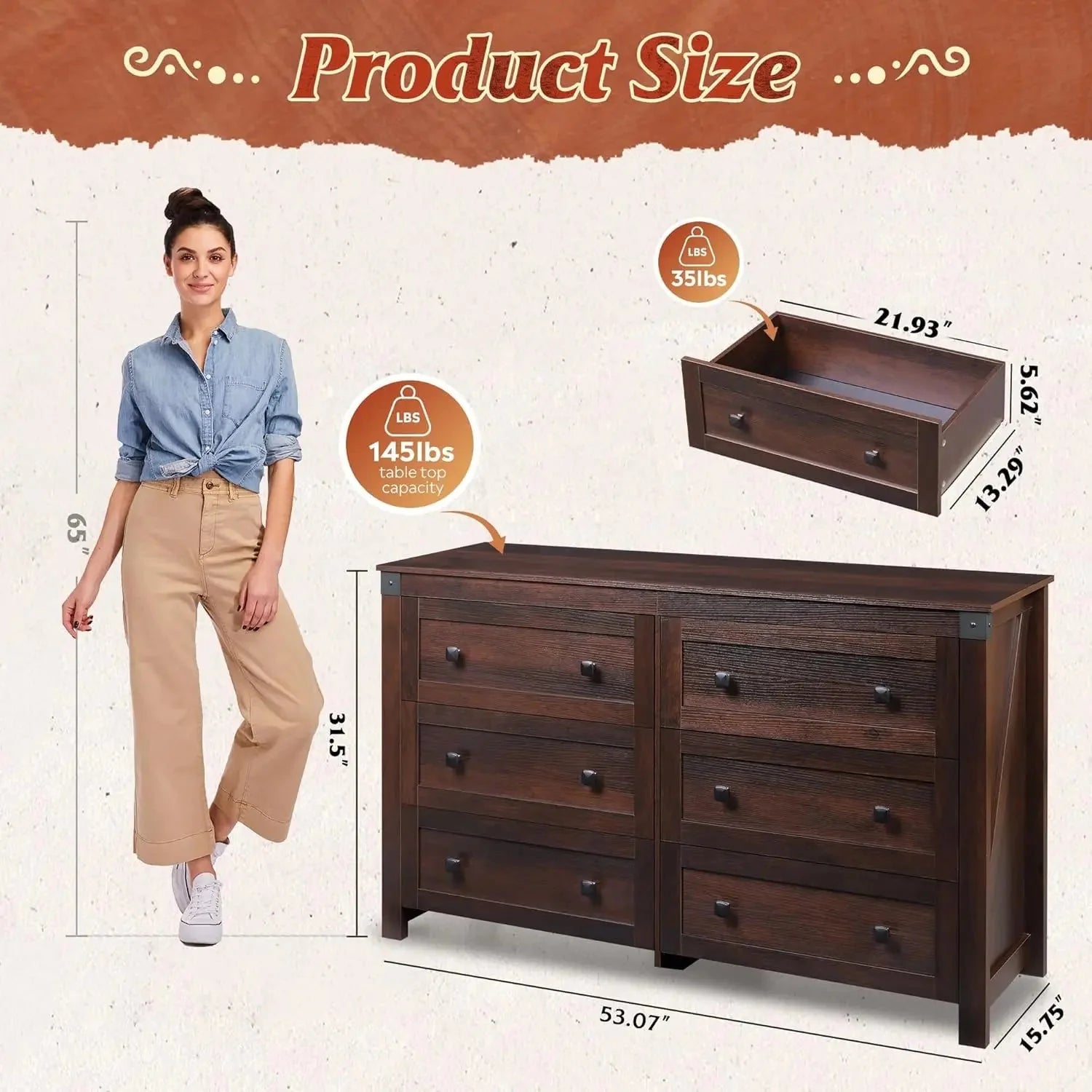 Farmhouse 6 Drawer Dresser for Bedroom, 53.07'' Wide Wood Dresser, Storage Organizer with Double Rustic Handle, TV Stand for 60