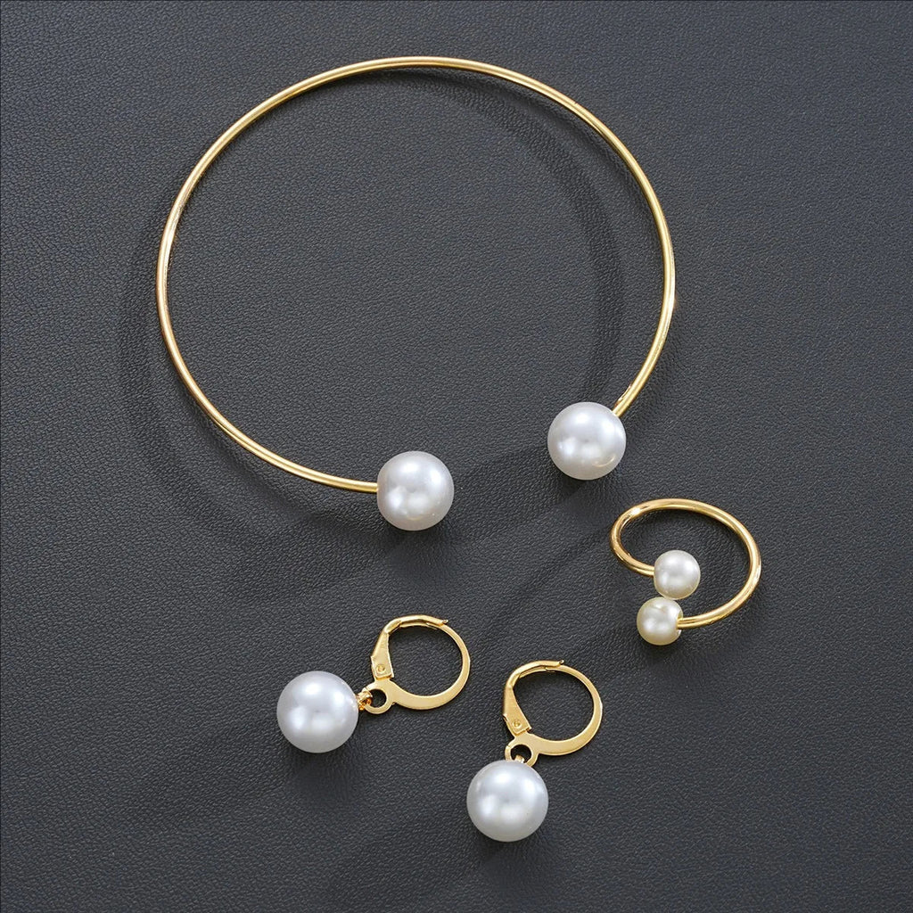 Female Jewelry Set Pearl Open Stud Earrings Bracelet Ring Women's Simple Luxurious High-end Sophisticated Accessories