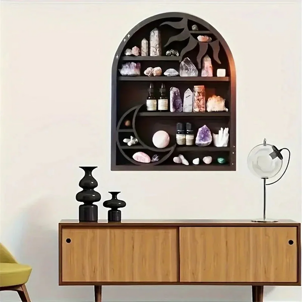 Wood Storage Shelf - Stylish and Practical Wall Shelf, Crescent Sun and Moon Crystal Shelf