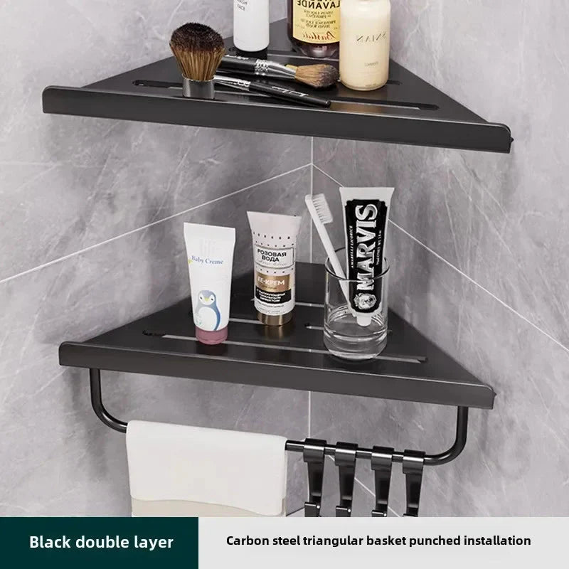 Bathroom Triangle Drain Shelf No Drilling Wall Mounted Cosmetic and Toiletries Hollow Carbon Steel Shelf with Hooks