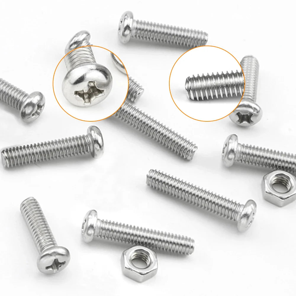 M1 M1.2 M1.4 M1.6 M2.5 M3 304 Stainless Steel Round Head Cross Small Screw Set Metric Thread Machine Bolt Assortment Kit Set