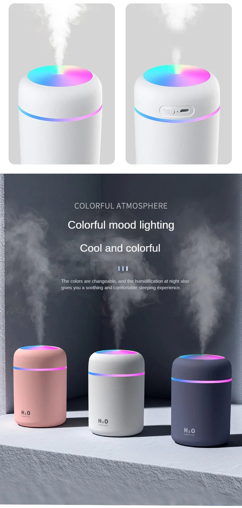 Portable Mini Air Humidifier For Bedroom,Personal Desktop,Car With Colorful Mood Lighting 2 Mist Modes And Auto Shut-Off