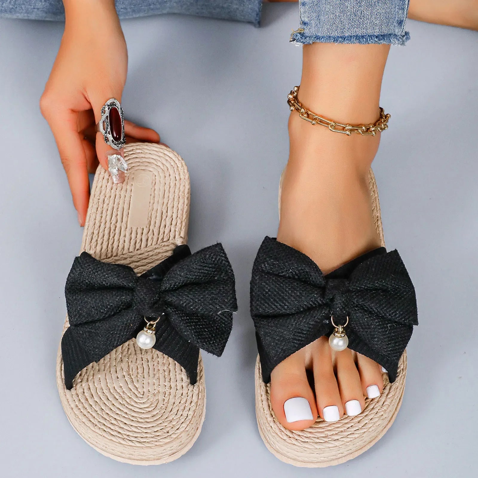 Ladies Sandals Slippers Solid Colour Bow Beach Outer Wear Flat Bottom Large Size Anime Slippers For Women Dressy Sandalias