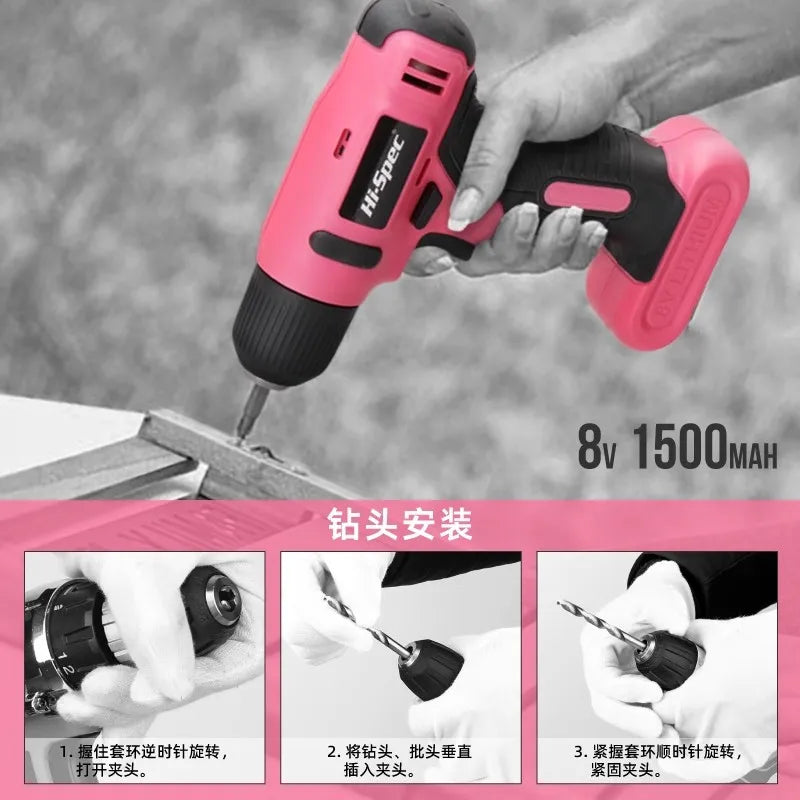 Hi-Spec 92-Piece Pink Home Tool Box Set, Multi-Function Hand Repair Kit with Hammer Cordless Power Drill Combo for Household DIY