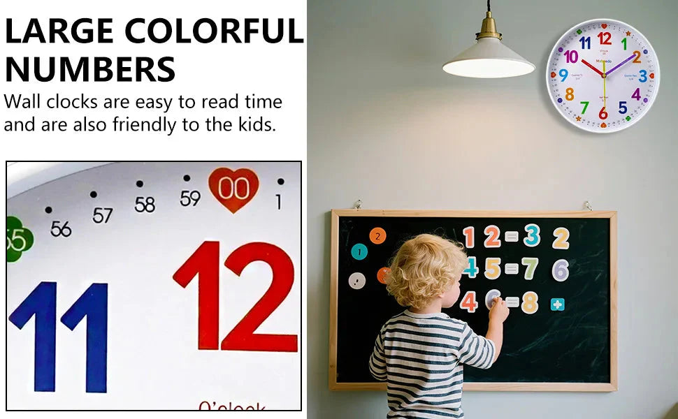 Early Education Wall Clock Colorful Number Kids Learning Time for School Classroom Bedrooms Silent Analog Clock 8/10/12 Inch