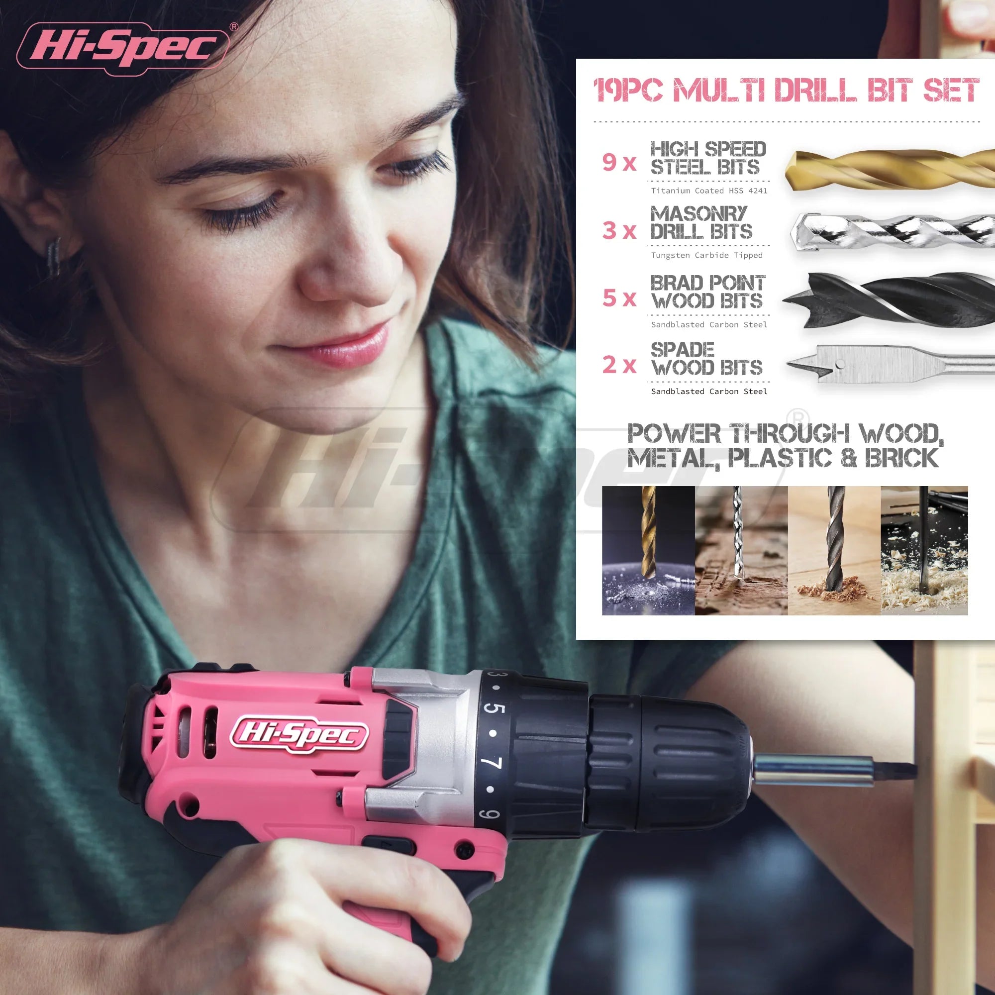 Hi-Spec 92-Piece Pink Home Tool Box Set, Multi-Function Hand Repair Kit with Hammer Cordless Power Drill Combo for Household DIY
