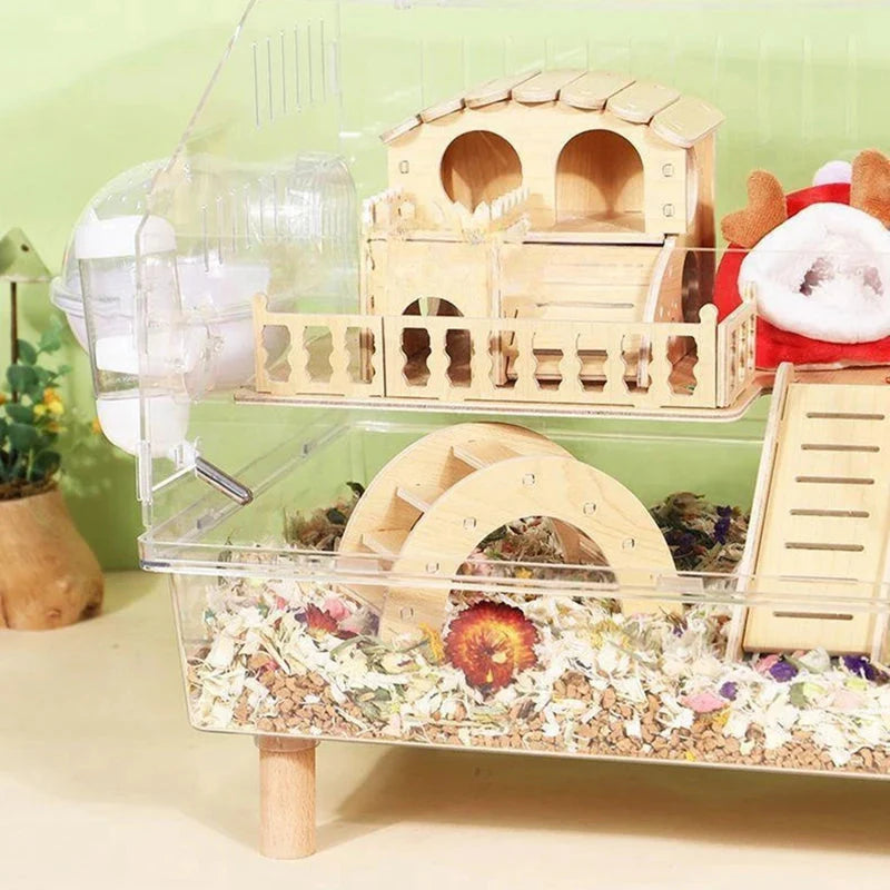 Hamster Habitat Décor Wooden Double-Layer Platform with Ladder Durable Pet Toy Accessory for Gerbil Guinea Pig and Small Animals