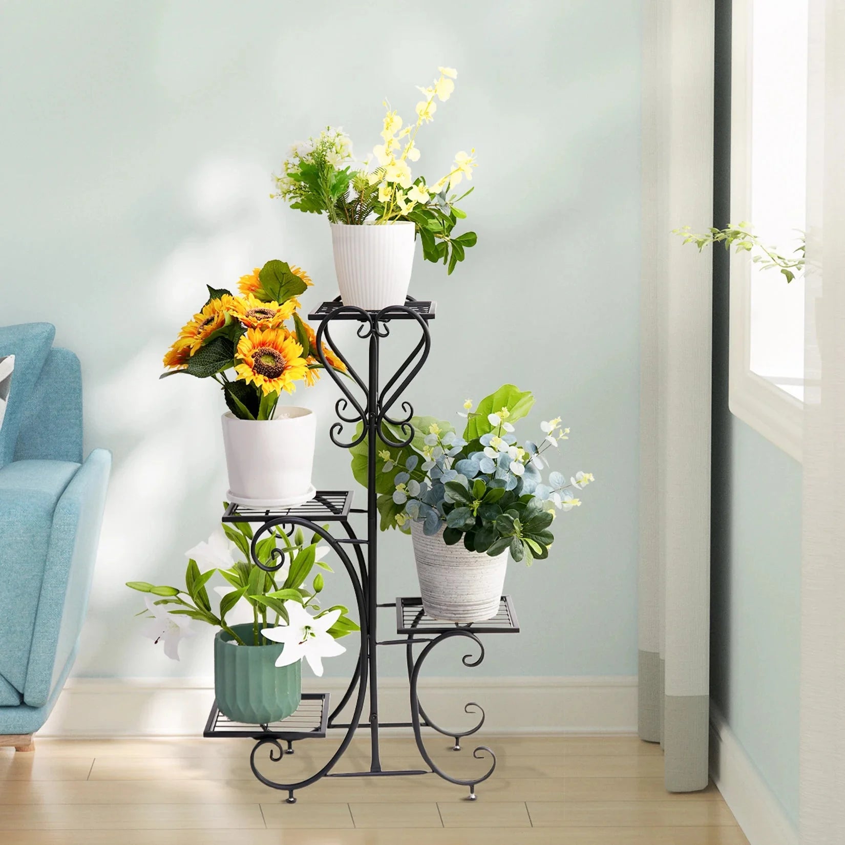 Metal Plant Shelf Flower Display Stand Garden Planter Holder with 4 Tier Shelves Indoor (Black)