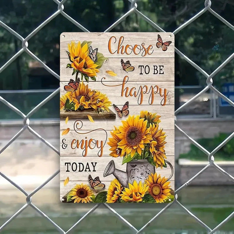 Rustic Iron Wall Sign | Vintage Sunflower & Butterfly | 'Choose to Be Happy' Motivational Quote | 8x12 Inch Metal Art