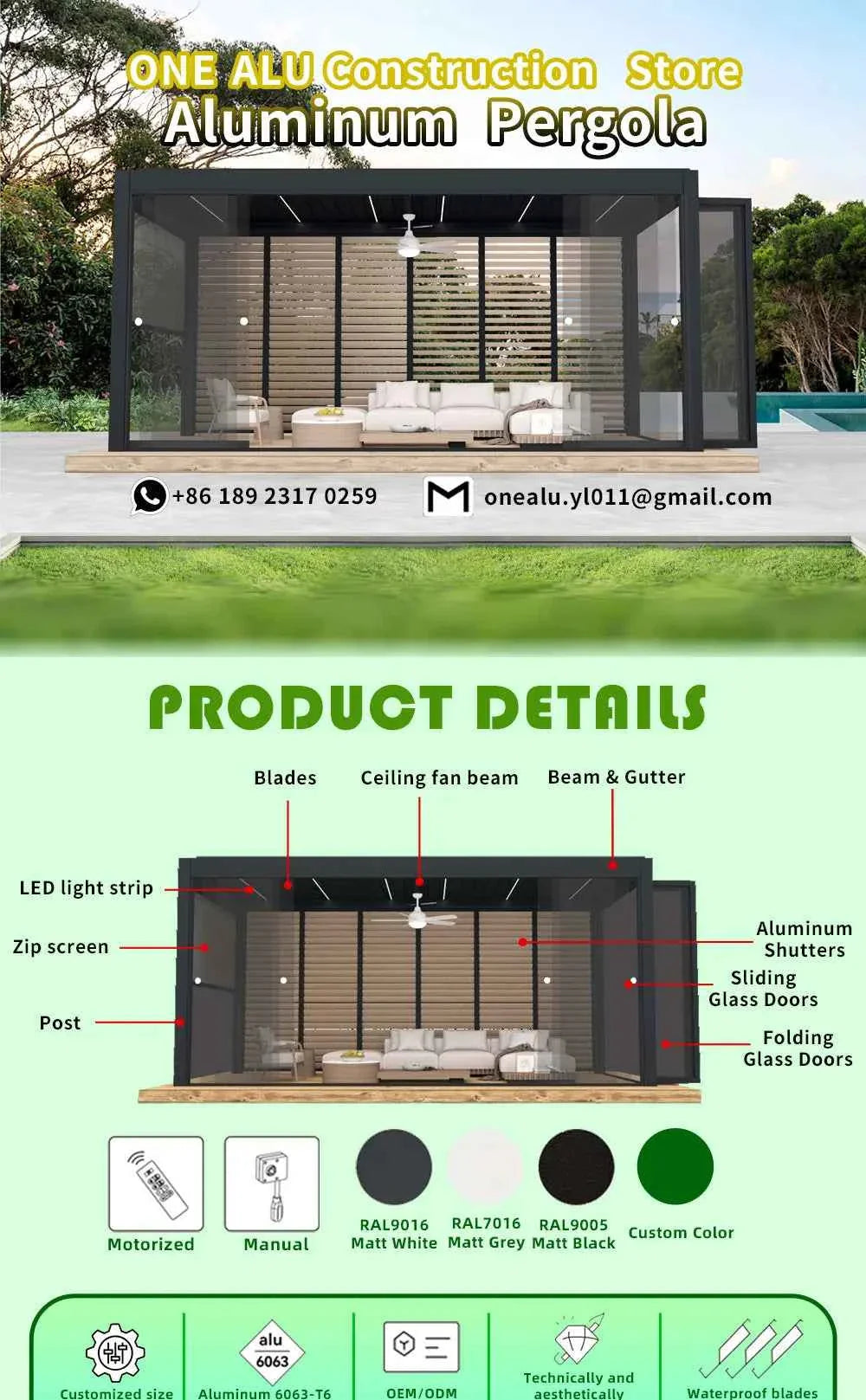 3x4m Motorized Aluminum Pergola - Waterproof Gazebo with LED Lighting & Roller Shutters