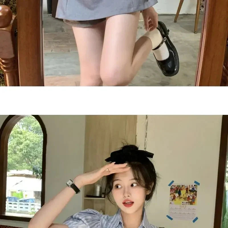 Bow-rinked Striped Shirt for Women Summer French Sweet and Spicy Puff Sleeve Shirt Short Short Sleeve Top