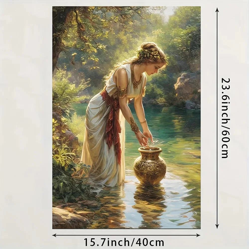 Elegant 3D Hand-Painted Canvas Oil Painting - Serene Forest Scene with Woman & Golden Vase, Abstract Home Wall Art