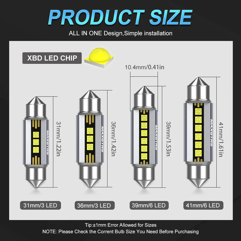 5Pcs MAXGTRS LED C5W C10W 39mm 41mm 42mm LED Festoon Canbus Error Free 6500K White Car Interior Light Reading Dome Trunk Lamp 12
