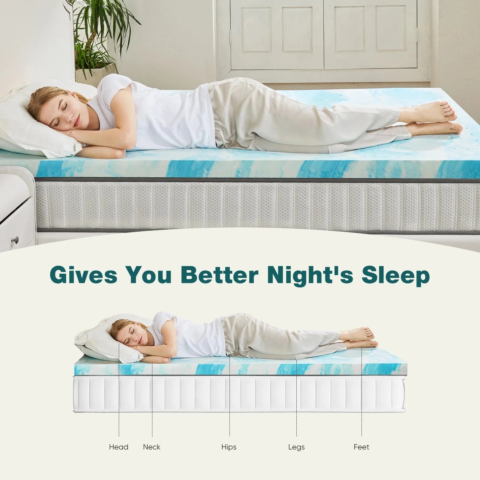 JHK 2 Inch Gel Memory Foam Mattress Topper Full Size Cooling Mattress Soft and Breathable Bed Topper School Bedroom Furniture