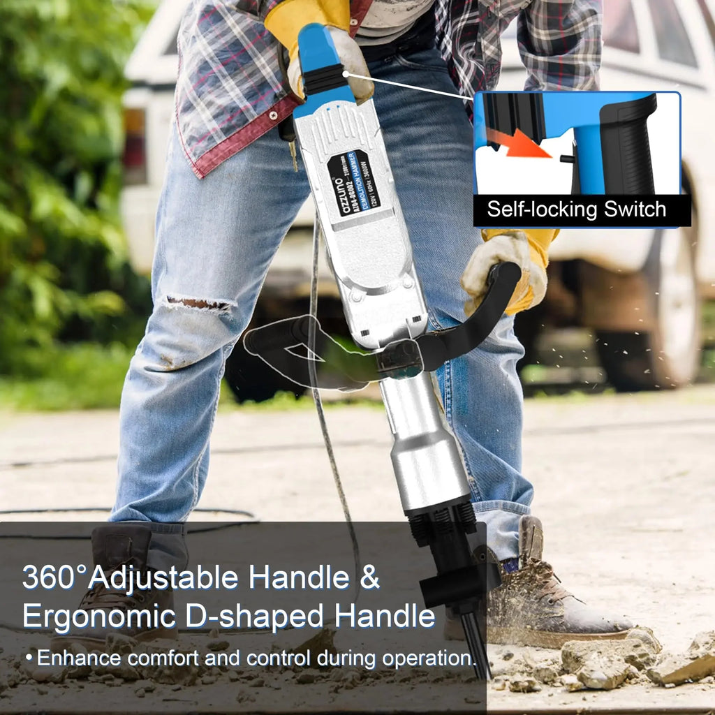 3600W Demolition Jack Hammer Electric Concrete Breaker Heavy Duty 2100 BPM Corded Power Rotary Hammer Drill with 2pcs Chisel Bit