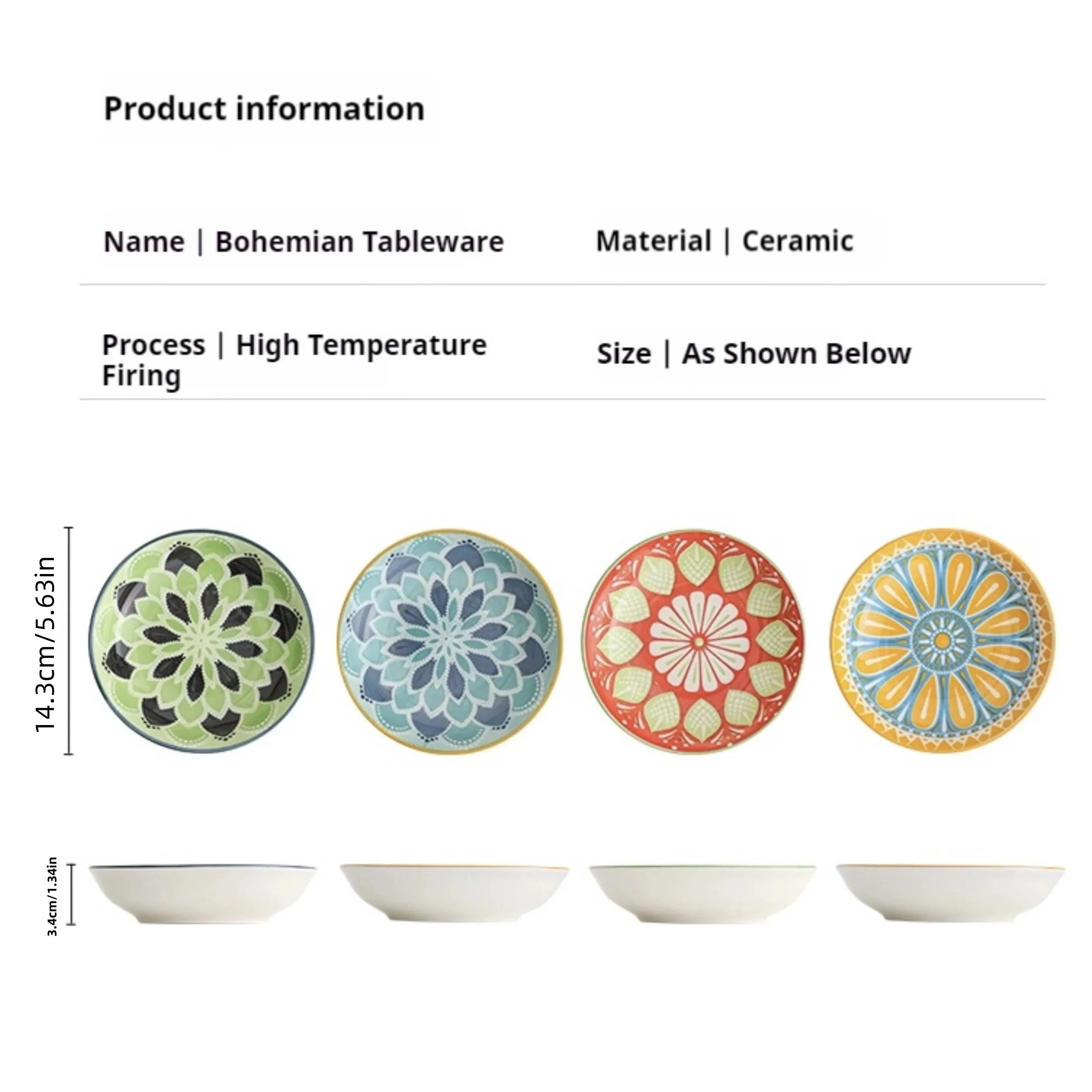 4pc Bohemian Ceramic Plate - Side Dish, Appetizer, Sauce, Bread, Pastry & Breakfast Plates, Safe for Dishwasher& Microwave