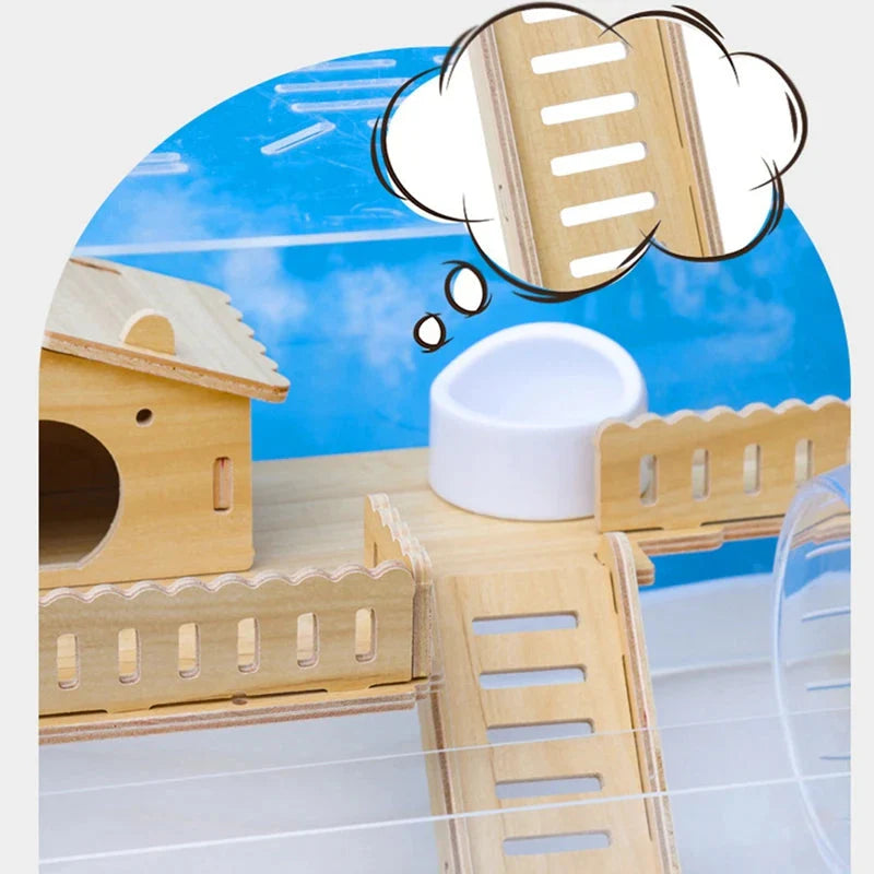 Hamster Habitat Décor Wooden Double-Layer Platform with Ladder Durable Pet Toy Accessory for Gerbil Guinea Pig and Small Animals