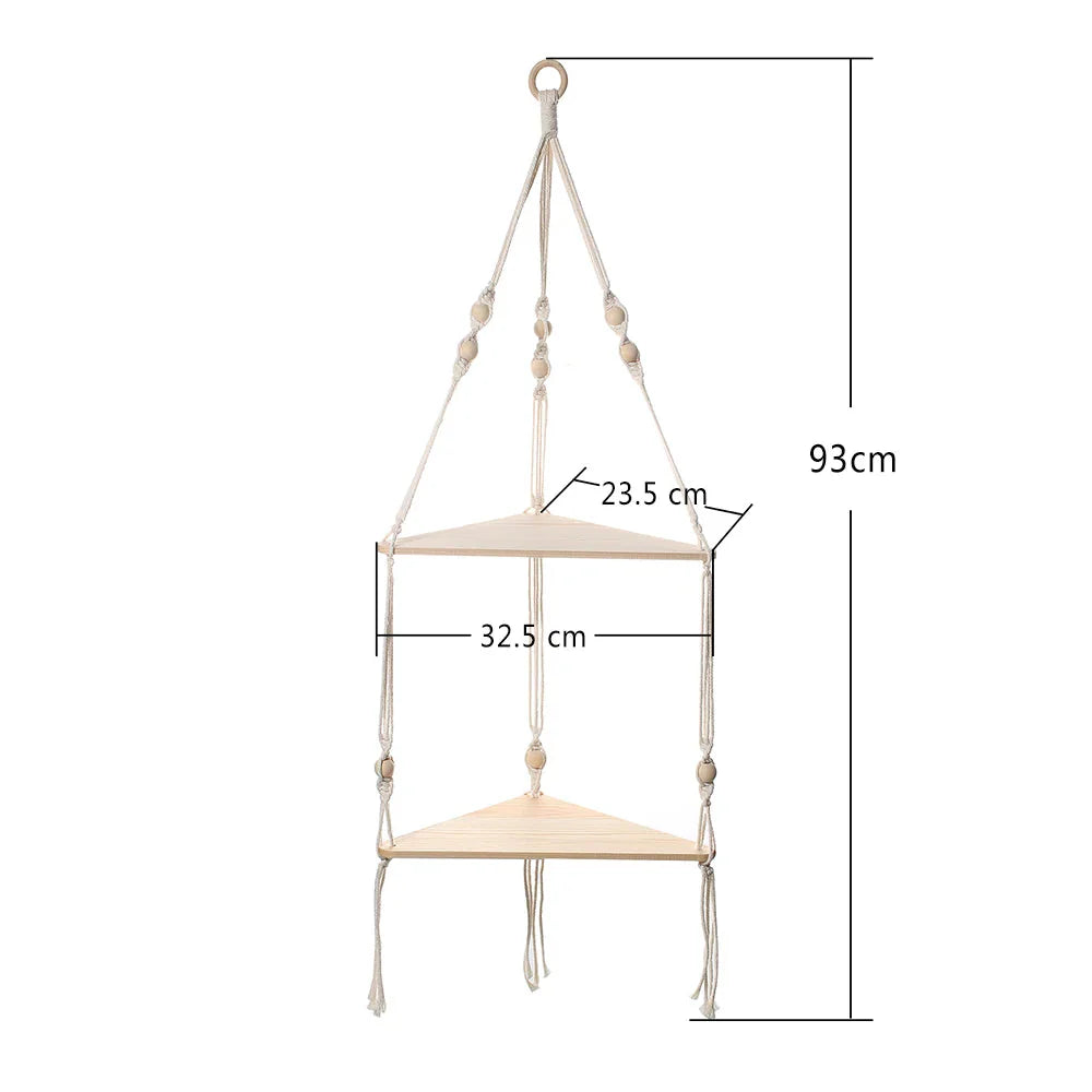 Corner Shelf Macrame Wall Hanging Wood Floating Shelves Rustic Boho Wall Shelf Decor Storage Rack for Plants Pots Photo Frames