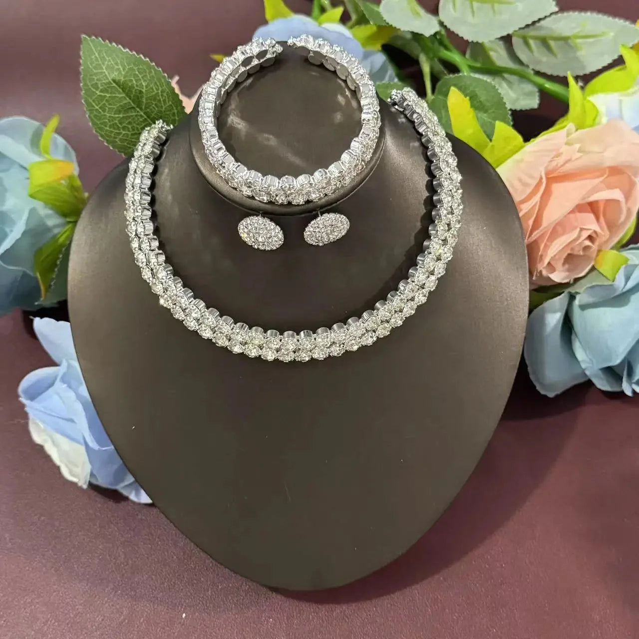 Elegant 3-Piece Crystal Jewelry Set - Rhinestone Necklace, Earrings & Bracelet