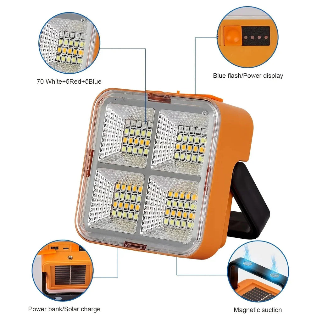 Solar rechargeable multifunctional led work light, portable outdoor floodlight-1200mah lithium battery, suitable for camping.