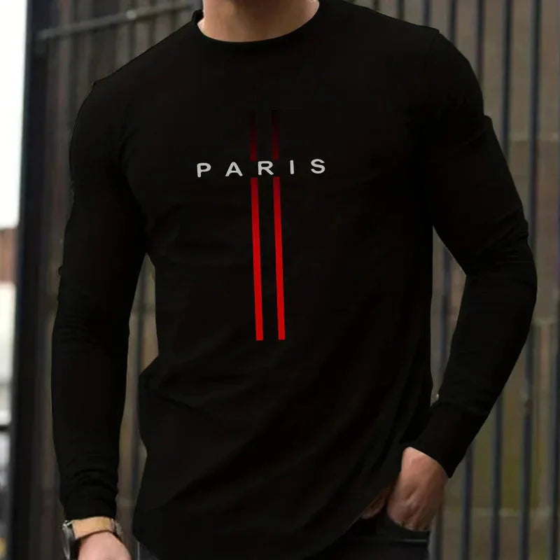 Men's Spring and Autumn 100% Cotton Loose and Comfortable Casual Paris Pattern Printed Round Neck Long Sleeve T-shirt