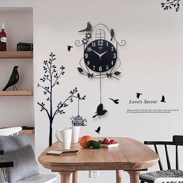 Creative Black Iron Swing Hanging Bird Wall Clock, Durable, Electronic, Large, Arts And Crafts, Modern Design