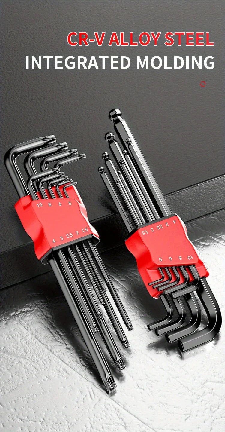Professional 10-Piece Hex Key Set - Metric & SAE - CR-V Steel Allen Wrenches with Ball End