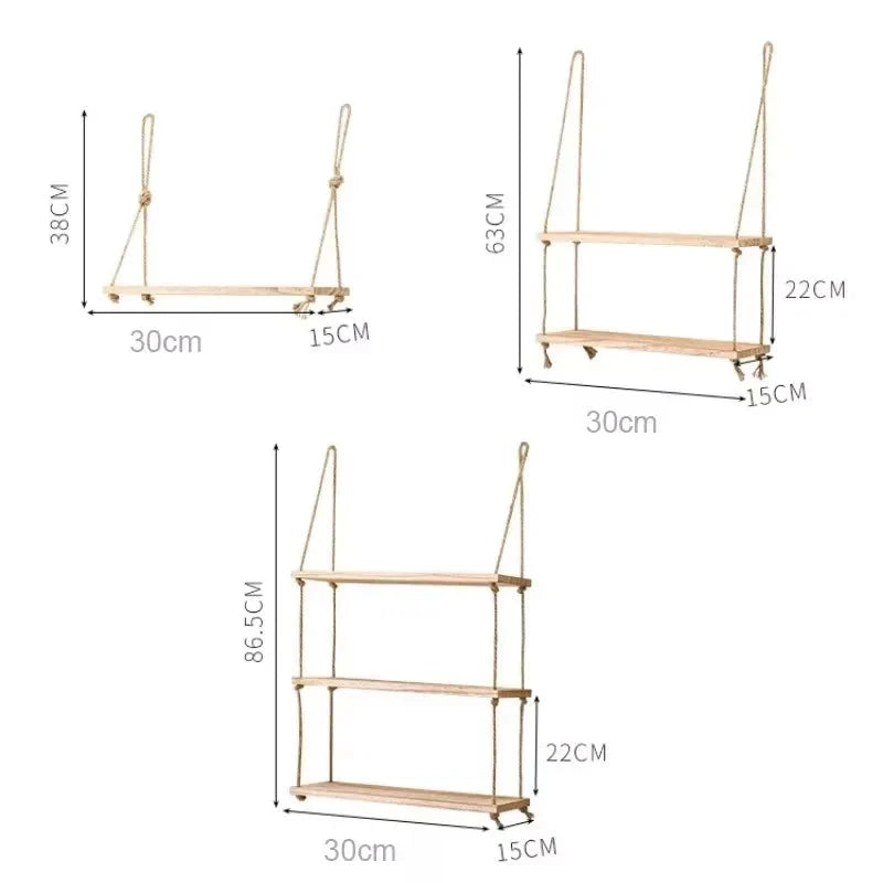 1PC 1/2/3-tier Wooden Floating Shelves for Wall Plant Flower  Hanging Rope Storager Wall Shelf Kitchen Storage
