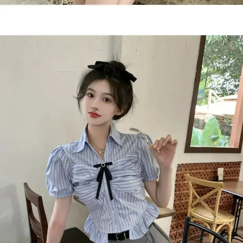 Bow-rinked Striped Shirt for Women Summer French Sweet and Spicy Puff Sleeve Shirt Short Short Sleeve Top