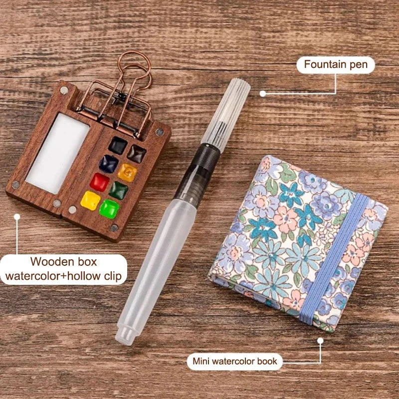 1pc Art Supplies Sketchbook Palette Mini Walnut Wood Watercolor Palette Portable Paint Box With Clip Travel Painting Paint Tray
