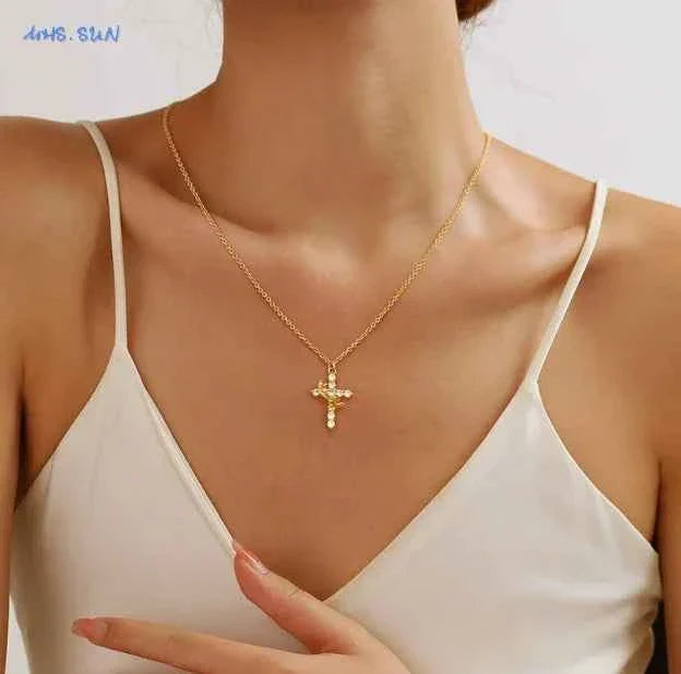 SUNSLL Cubic Zircon Rotatable Crown Cross Pendant Necklaces Classic Stainless Steel Chain Banquet Party Jewelry For Women Men