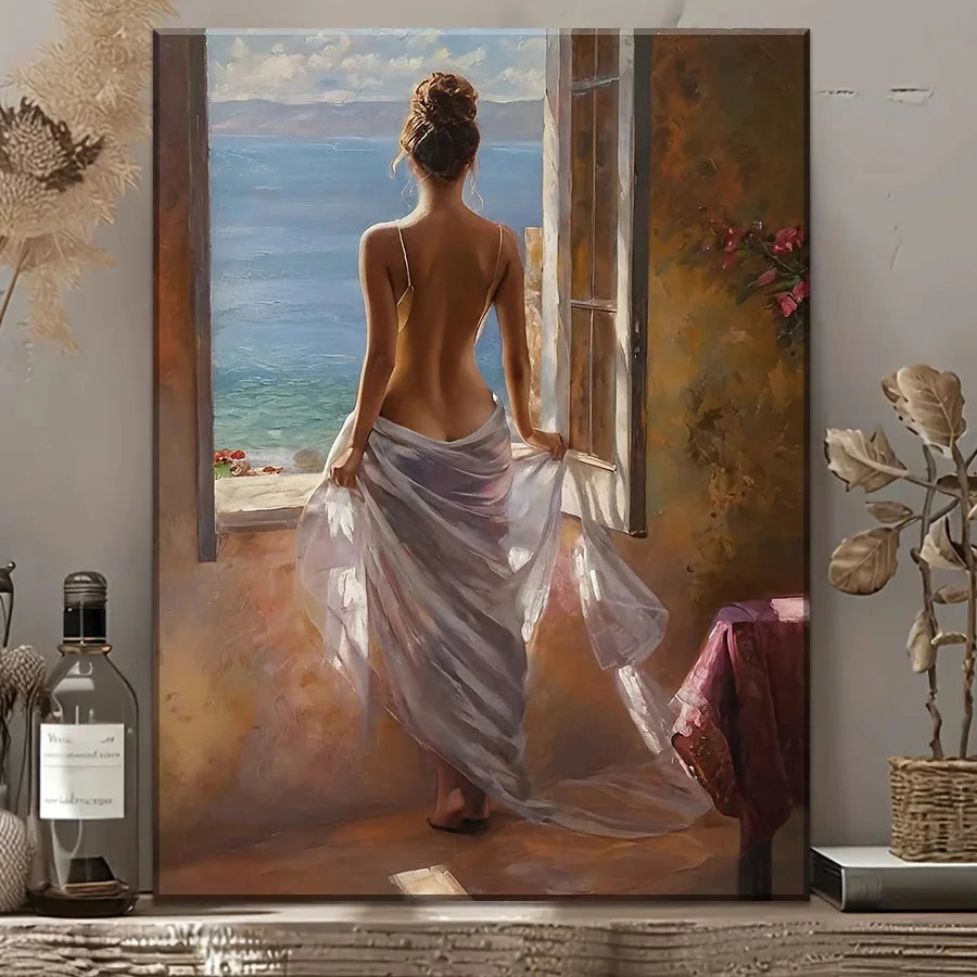 Elegant Mediterranean Canvas Wall Art - HD Seaside Painting with Wood Frame for Serene Home Decor, Ocean Theme Decoration