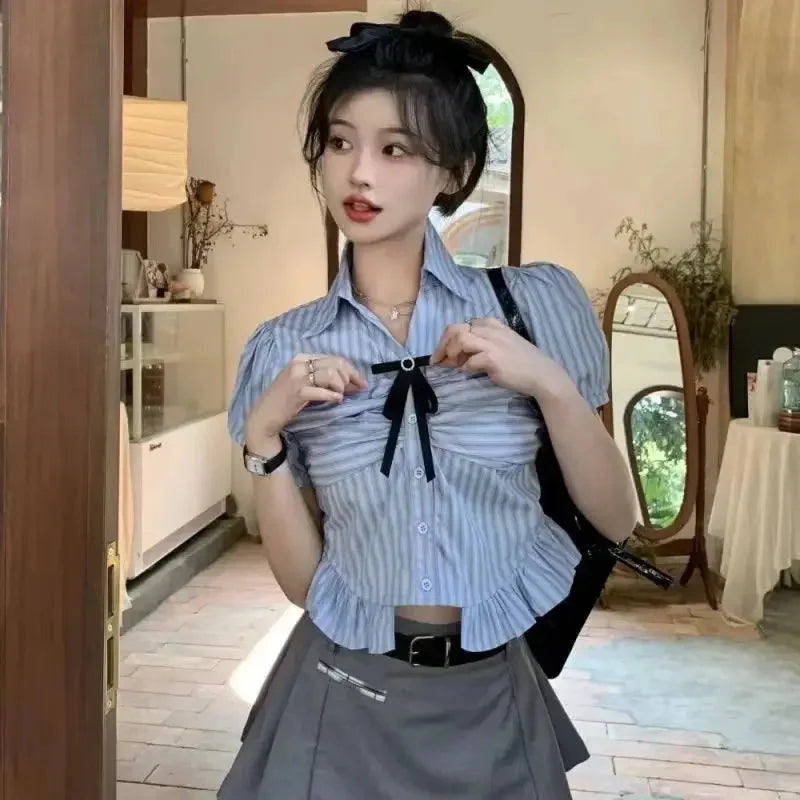 Bow-rinked Striped Shirt for Women Summer French Sweet and Spicy Puff Sleeve Shirt Short Short Sleeve Top