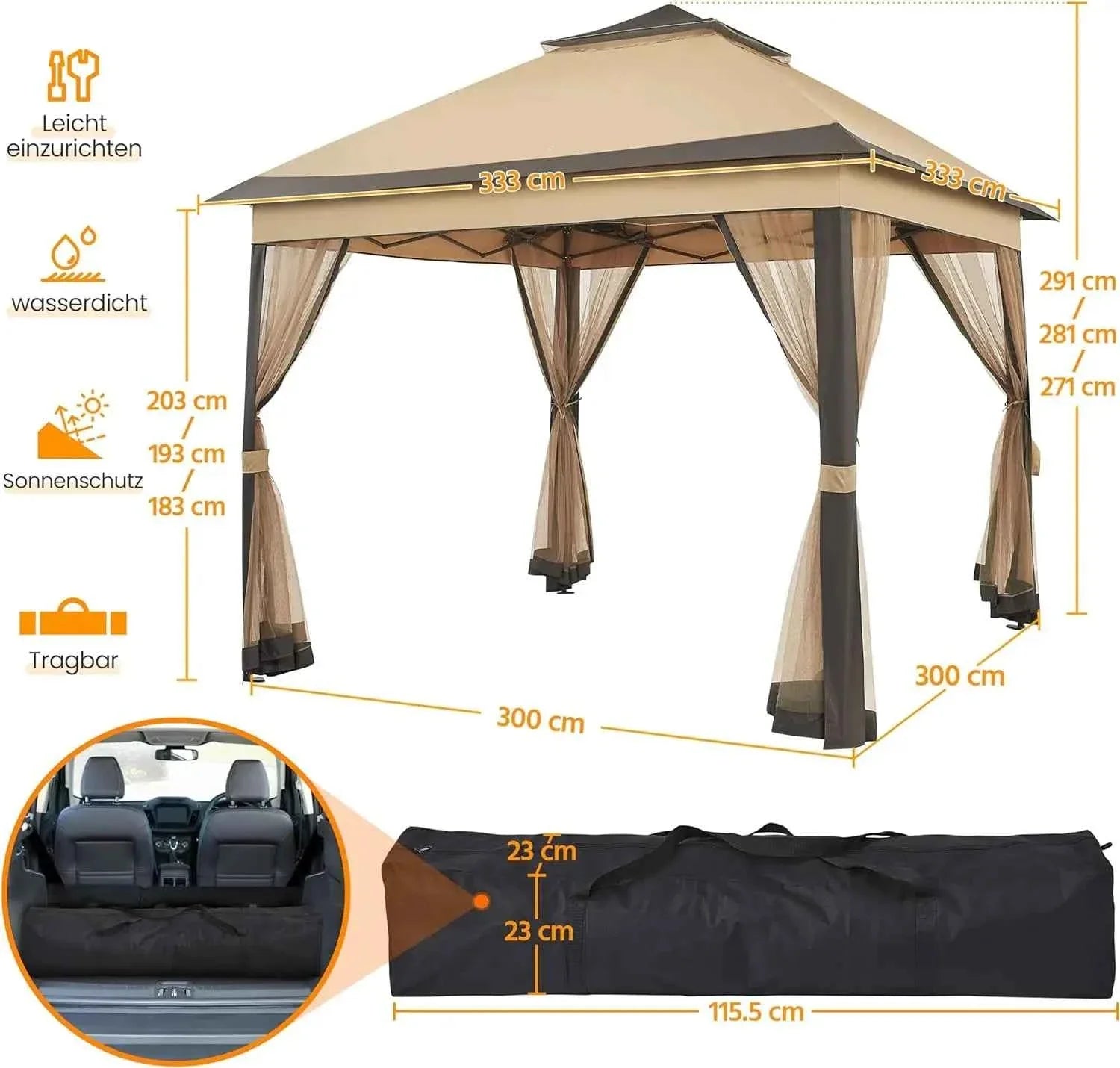 3.3x3.3m Pop-Up Folding Gazebo - Waterproof Garden Tent with Mosquito Netting