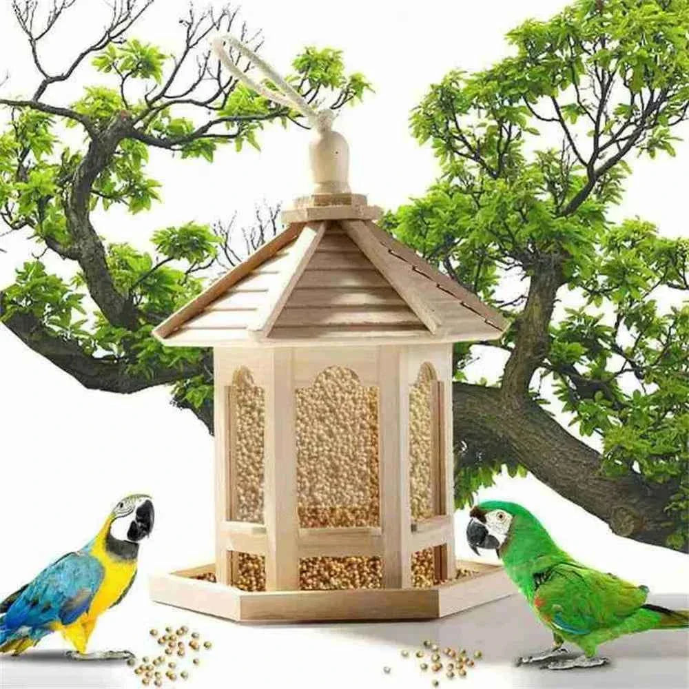 Creative House Shape Bird Feeder House Hanging Wooden Pet Feeder Box Bird Food Dispenser Outdoor