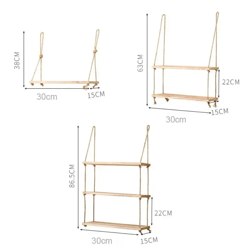 1PC 1/2/3-tier Wooden Floating Shelves for Wall Plant Flower  Hanging Rope Storager Wall Shelf Kitchen Storage