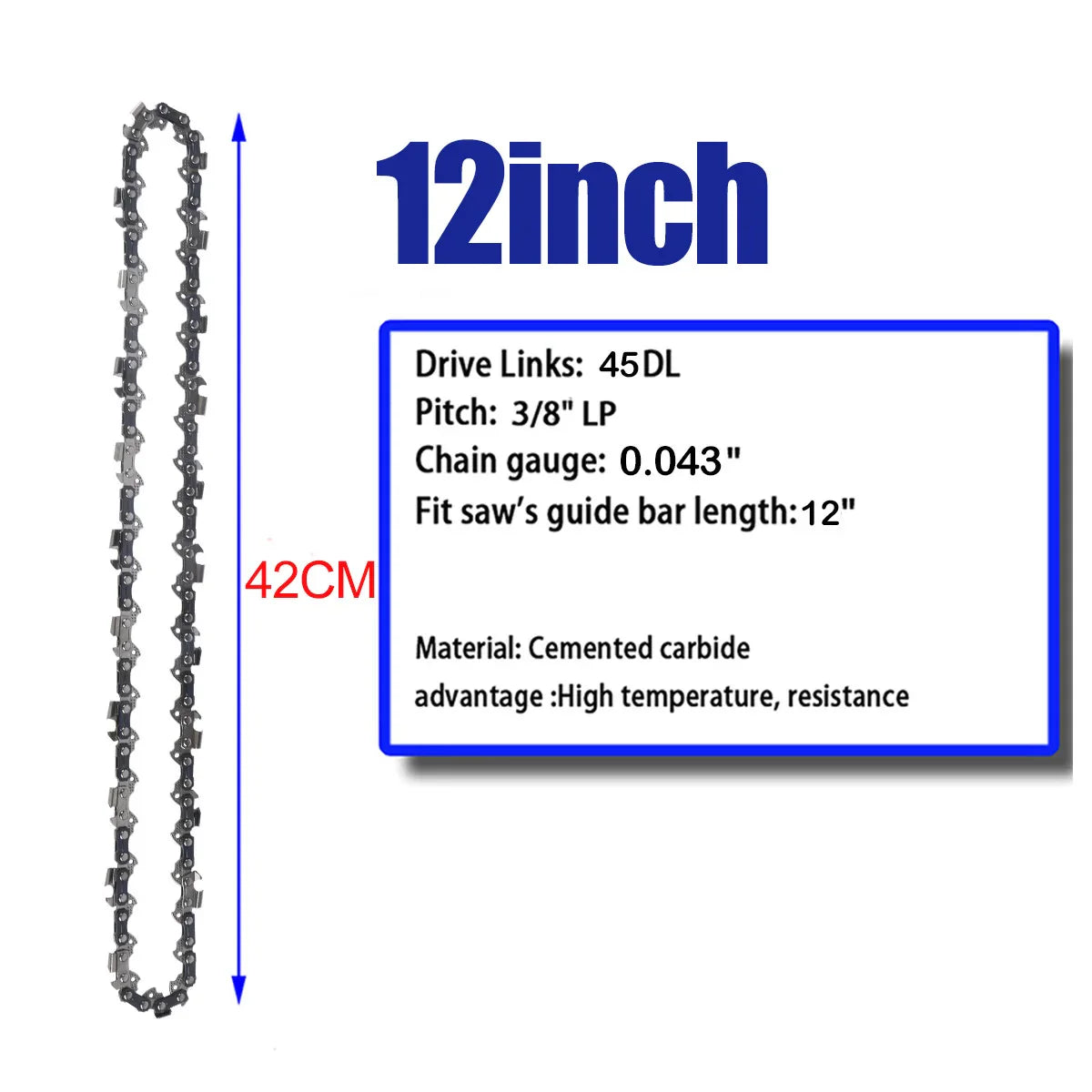 12 Inch Chainsaw Chain 3/8" LP Pitch .043'' Gauge 45 Drive Links Fits For DeWalt DCCS620P1 Ryobi, Craftsman, Makita and More