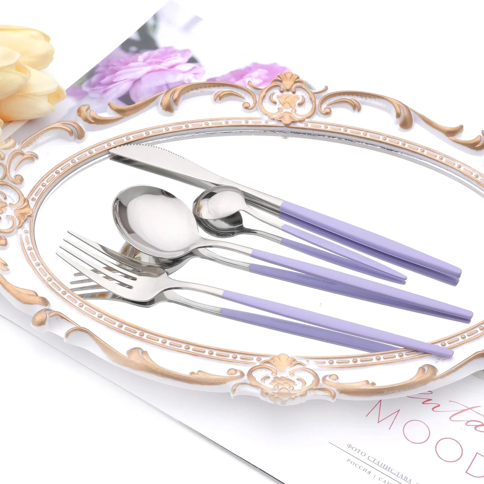 Western Purple Silver Tableware New Dinnerware Set 4Pcs Stainless Steel Kitchen Knife Fork Spoon Complete Cutlery Flatware Set